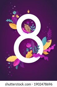 International Womens Day. March 8 banner with floral decor. Cut paper with spring plants, leaves and flowers. Template for a poster, cards, banner Vector illustration.