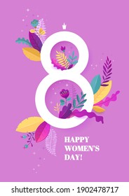 International Womens Day. March 8 banner with floral decor. Cut paper with spring plants, leaves and flowers. Template for a poster, cards, banner Vector illustration.