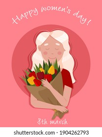 
International Women's Day. March 8. Pretty girl with a bouquet of tulips. For postcards, header, apps, banner, landing page