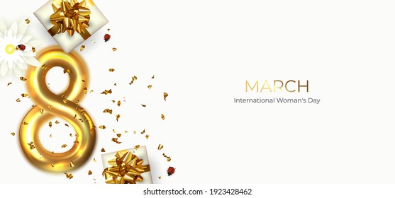 International Women's Day. March 8. Greeting Card With Gold Number 8.