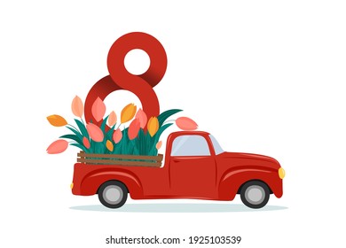 International Women's Day. March 8. Vector greeting card with number 8, car and tulips.