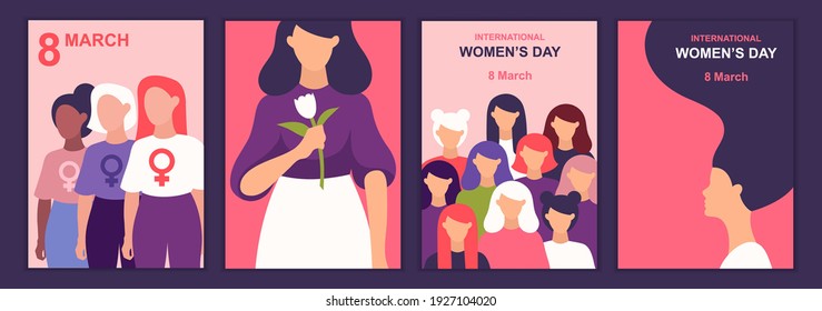 International Women's Day. March 8. Woman portrait. Set of templates for banners, posters, cards, flyers, postcards. Vector flat illustration. 