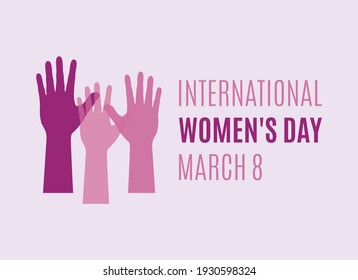 International Women's Day, March 8 Poster with woman hand purple silhouette vector. Womens Day greeting card with pink female hands up silhouette icon. Important day