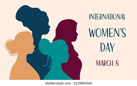 Tarjeta de felicitación del Día Internacional de la Mujer, 8 de marzo. Grupo de mujeres de diferentes etnias y culturas juntas. Siluetas femeninas. Ilustración plana vectorial.