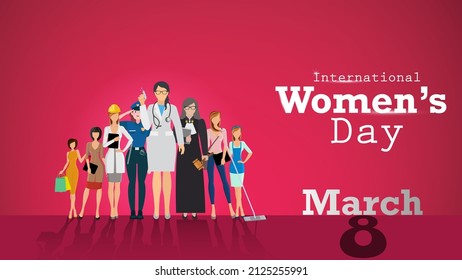 International women's day in march 8 and women 8 leader character art. Abstract background in pink color.