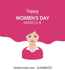 International Women's Day March 8 greeting card with smiling woman icon vector. Happy beautiful woman with long pink hair vector. Important day