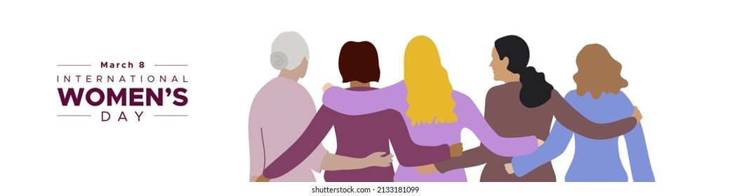 International Women's Day. March 8. Group of five women embracing of different ages. Concept of human rights, equality. Vector illustration, flat design