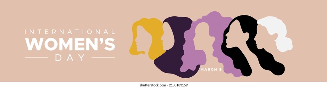 Día Internacional de la Mujer. 8 de marzo. Retratos de diferentes mujeres de perfil. Formato horizontal. Ilustración vectorial, diseño plano