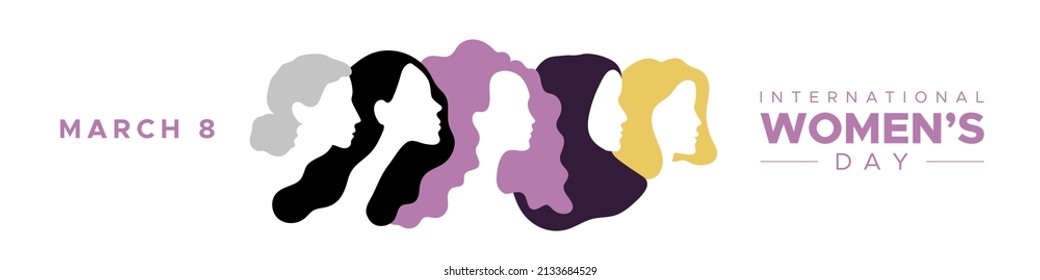 International Women's Day. March 8. Portraits of different women in profile. Horizontal format. White background. Vector illustration, flat design