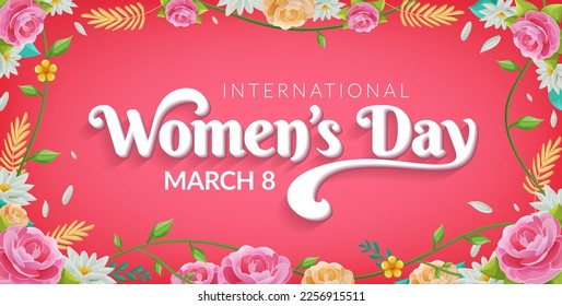 International Women's Day March 8 Celebration With 3D Typography and Colorful Flowers Banner Illustration