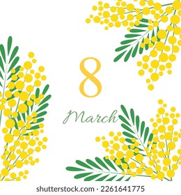 International Women's Day March 8. Greeting card design with mimosa flowers. Vector illustration on white background