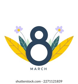 International Women's Day. March 8. Big number eight with wild flowers and leaves. Vector illustration, flat design