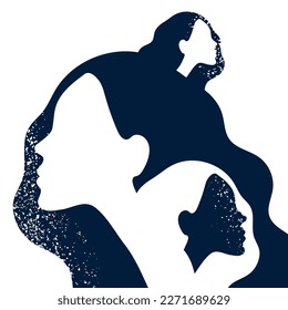 International Women's Day. March 8. Portraits of women in profile. Concept of equality, feminism, woman rights. Vector illustration, flat design