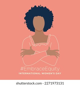 International Women's Day. March 8. Front view portrait woman. Woman hugging self. #EmbraceEquity. Vector illustration, flat design