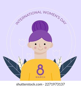 International Women's Day. March 8. Woman character with bun and leaves decoration. Vector illustration, flat design