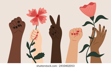 International Women's Day March 8 vector illustration with cartoon hand gestures, signs, peace symbol, feminist, Women's rights, bouquet of flowers, girls power, diversity, different races