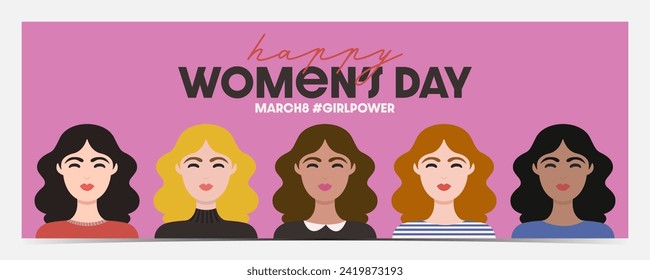 International Women's Day, March 8 banner, cover, poster, greeting card, label, flyer with different women silhouettes