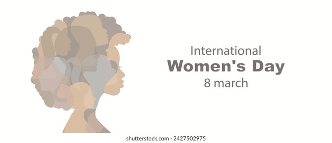 International Women's Day March 8. concepts of gender equality. profile or silhouette of a girl, race and profession. Vector horizontal banner. Banner. Flat vector illustration.