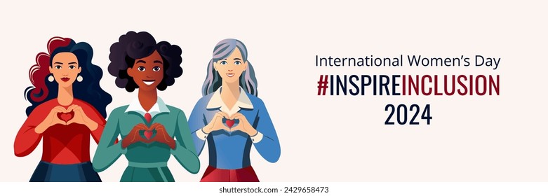  Día Internacional de la Mujer 8 de marzo de 2024.Diseño horizontal con mujeres jóvenes de diferentes nacionalidades y razas mostrando un signo del corazón con las manos. Diseño vectorial para póster, banner, redes sociales