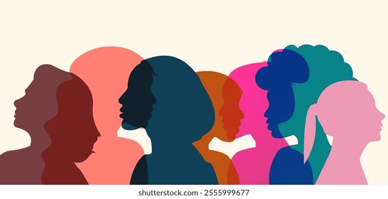 international women's day march 8 web banner, Silhouette profile Group of Women different race and ethnicity in different shades  diversity concept	