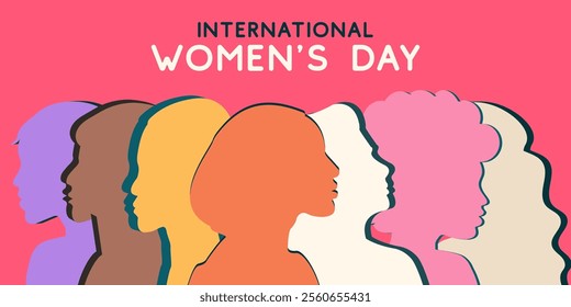 international women's day march 8 web banner, 3D Silhouette profile Group of Women different race and ethnicity in different shades diversity concept	