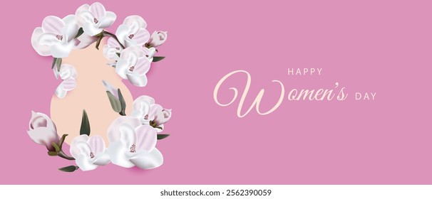 International Women's Day March 8 card with magnolia flowers. Pink background. Vector 10 eps