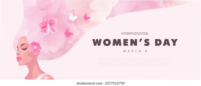 International Women's Day March 8. Beautiful woman with flowers in hair and butterflies. Watercolor delicate texture. Banner, cover, advertising material design template. Vector illustration