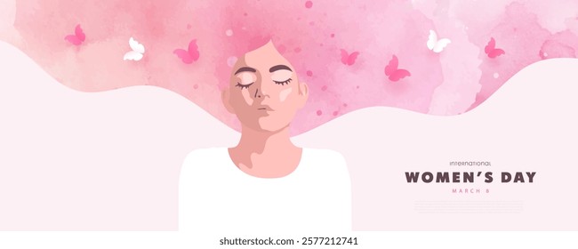 International Women's Day March 8. Beautiful woman with flowers in hair and butterflies. Watercolor delicate texture. Banner, cover, advertising material design template. Vector illustration