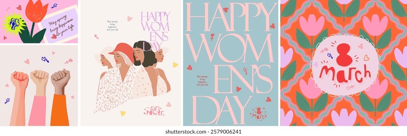 International Women's Day. March 8. Vector illustration of seamless pattern with tulip, girl power, female fist, women of different races for greeting card, poster, postcard, background or invitation