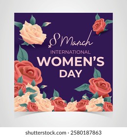 International Women's Day March 8 Banner, Vibrant Floral Design Celebrating Women, Equality and Empowerment. Colorful Women's Day Wishes Background, Greeting Card, Web, Flyer, 8th March Holiday