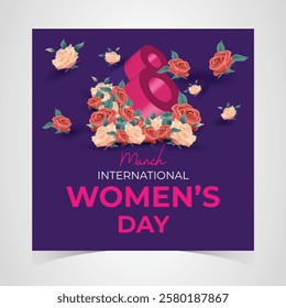 International Women's Day March 8 Banner, Vibrant Floral Design Celebrating Women, Equality and Empowerment. Colorful Women's Day Wishes Background, Greeting Card, Web, Flyer, 8th March Holiday