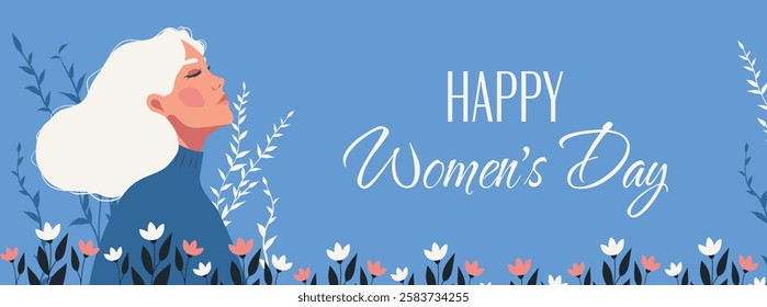 International Women's Day. March 8. Woman, girl with closed eyes looking up against sky and flowers. Vector spring banner. Feminism. Gender equality and women's empowerment