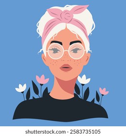 
International Women's Day. March 8. Cute portrait of a girl with freckles in glasses against the background of sky and flowers. Feminism. Gender equality and women's empowerment. Vector avatar