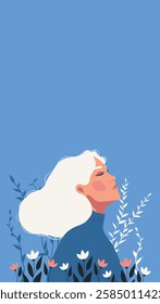 International Women's Day. March 8. Equality Day. Woman, girl with closed eyes looking at sky and flowers. Vector banner with space for text. Feminism. Gender equality and women's empowerment