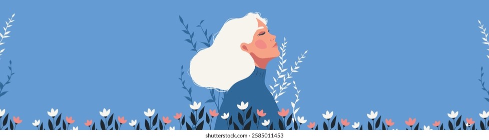 International Women's Day. March 8. Equality Day. Woman, girl with closed eyes looking at sky and flowers. Vector banner place for text. Feminism. Gender equality and women's empowerment