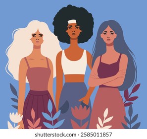 International Women's Day, March 8. Women of different skin colors and nationalities stand together against a pastel blue background. Movements for freedom, gender equality and women's empowerment