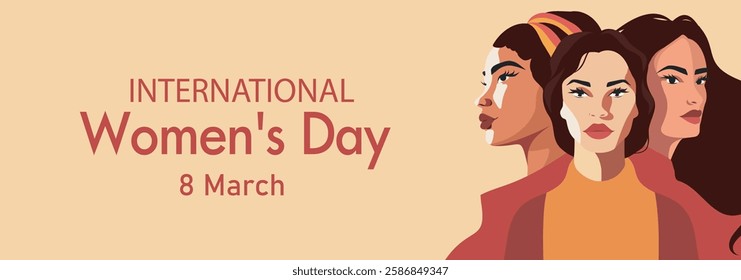 International Women's Day, March 8. Women of different cultures and skin colors stand together. Vector horizontal banner. Gender equality and women empowerment. For women's projects and space for text