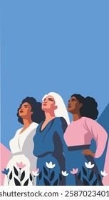 International Women's Day. March 8. Women, girls of different cultures, nationalities and skin colors stand together and look up. Feminism. Gender equality and women's empowerment. Vector banner