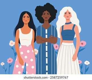 International Women's Day, March 8. Women of different skin colors and nationalities stand together. Soft pastel palette of pink and blue. Movements for freedom, gender equality, women's empowerment