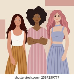 International Women's Day, March 8. Women of different skin colors and nationalities stand together. Soft beige pastel color palette. Movements for freedom, gender equality and women's empowerment