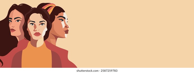 International Women's Day, March 8. Women of different cultures and skin colors stand together. Vector flat horizontal banner. Gender equality and women empowerment. For women projects