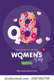 International Womens Day March 8 with flowers and sweet paper hearts. Accelerate Action creative poster with number 8 and female symbol for Woman's Day. Vector Illustration