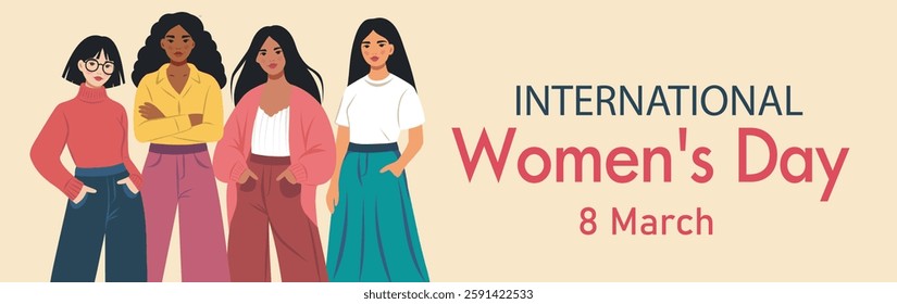 International Women's Day. March 8. Women, girls of different cultures, nationalities and skin colors stand together. Gender equality and women's empowerment. Ideal for women's projects