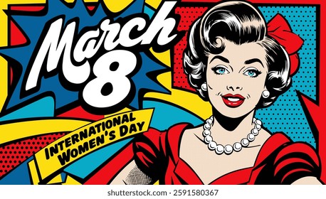 International Women's Day. March 8. Pop art vector vibrant banner. Pop art female face.