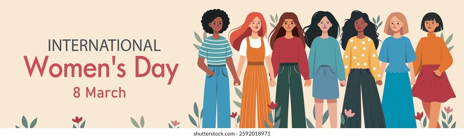 International Women's Day. March 8. Vector banner. Many beautiful free women of different skin colors and cultures stand together and hold hands. Feminism. Gender equality, women empowerment