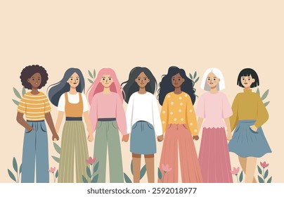 International Women's Day. March 8. Vector banner. Many beautiful free women of different skin colors and cultures standing together and holding hands. Gender equality, women empowerment