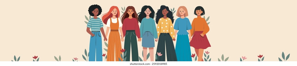 International Women's Day. March 8. Many beautiful free women of different skin colors and cultures stand together and hold hands. Vector banner. Feminism. Gender equality, women empowerment