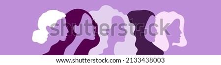 International Women's Day. March 8. Portraits of different women in profile. Horizontal format. Violet colors. Vector illustration, flat design Foto stock © 