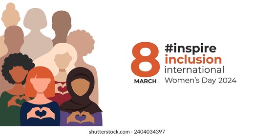 International Women's Day is March 8th. The concept of the #inspire Inclusion 2024 campaign.  Women show a hand gesture in the form of a heart. Suitable for banners, flyers, postcards.3