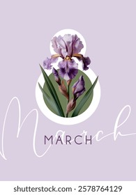 International Women's Day, March 8th greeting card. Vector illustration with iris flower.